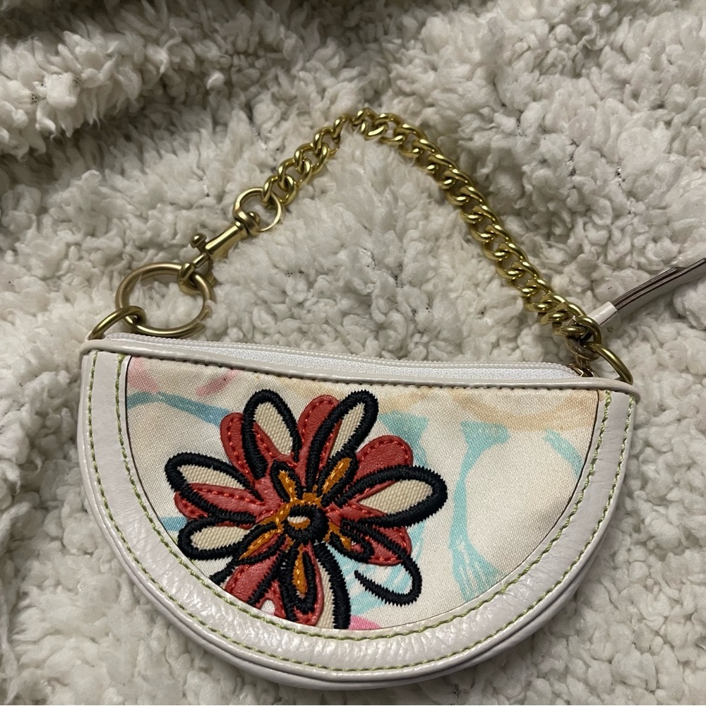 Vintage Coach Floral Embroidered White and Gold purse charm coin purse.